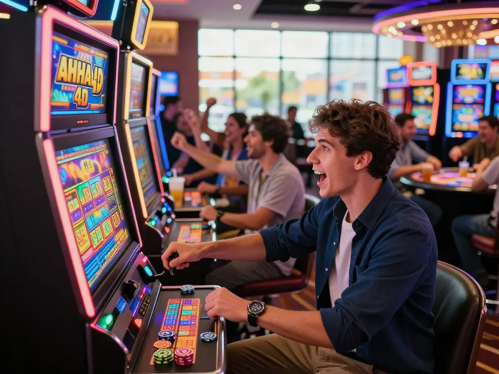 Excited player at AHHA 4D slot machine in a lively casino atmosphere.