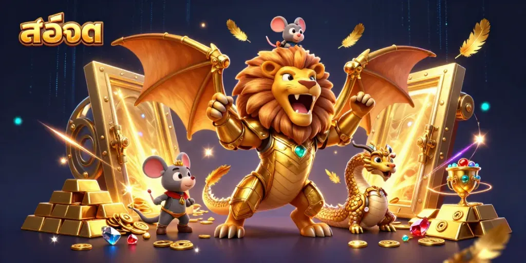 Engage with slots as a lightning-infused chimera clutches gold, showcasing thrilling casino adventure.
