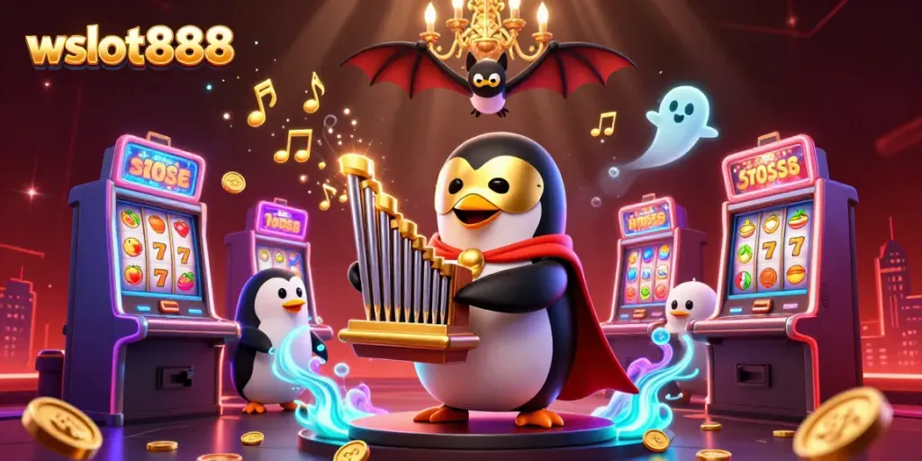 wslot888 menawarkan suasana kasino yang meriah dengan penguin bermain organ dan mesin slot berkilau.