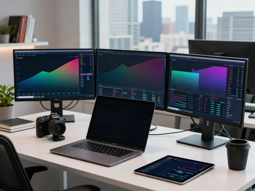 Trader analyzing financial data on MetaTrader 5 with multiple monitors in a modern workspace.