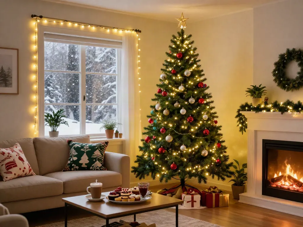 Cozy living room with a pencil Christmas tree decorated with lights and ornaments.