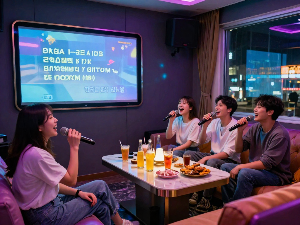 유앤미 가라오케에서 즐거운 친구들이 노래하며 웃고 있는 모습, 화려한 조명과 함께