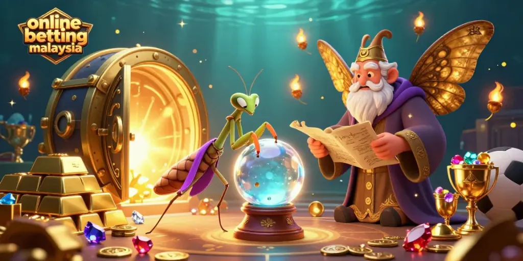 Engage in online betting malaysia with an ultra-detailed fantasy scene of a fortune teller and moth librarian.