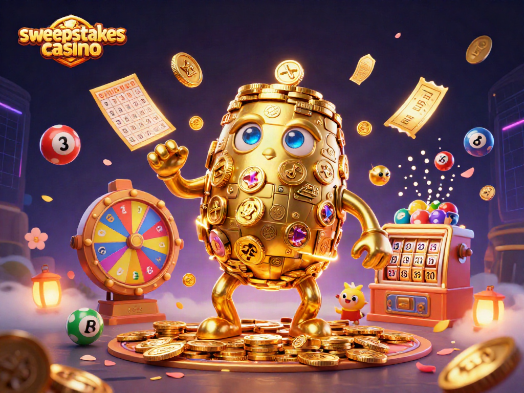 Engage in exciting play with sweepstakes casino featuring a vibrant 3D golden golem and lottery elements.