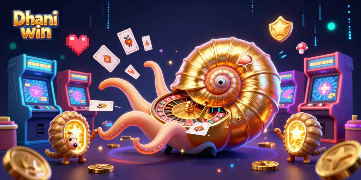 Dhani win enhances gameplay with a vibrant 3D gaming world featuring a giant nautilus roulette and glowing arcade machines.