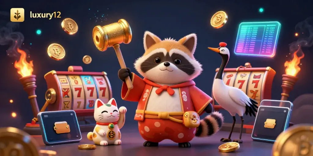 Engage with luxury12's vibrant casino scene, featuring a cheerful tanuki and lucky symbols.