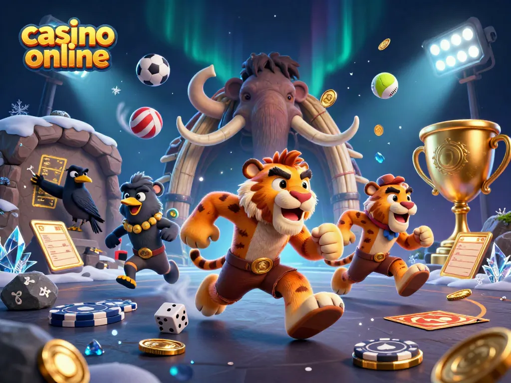 En un casino online, los personajes juegan con fichas y dados, rodeados de bolas deportivas.