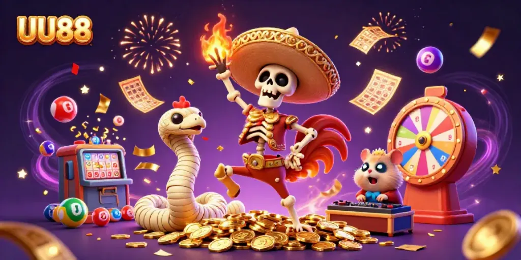 UU88 captures excitement with a vibrant dance by a mariachi skeleton amidst a confetti storm, symbolizing online casino fun.
