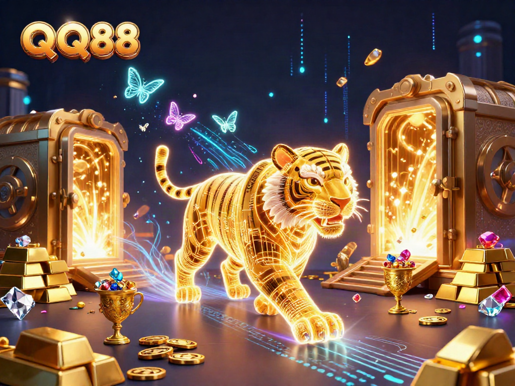 Bet big with QQ88 in a vibrant, high-energy digital casino scene featuring a golden tiger and treasure.