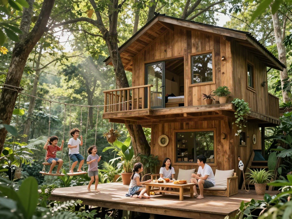 Family enjoying tree house life together in a lush forest.