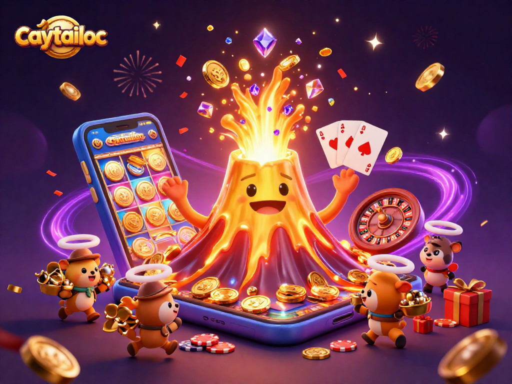 Experience caytailoc excitement with a golden volcano, treasure, and a vibrant slot game atmosphere.