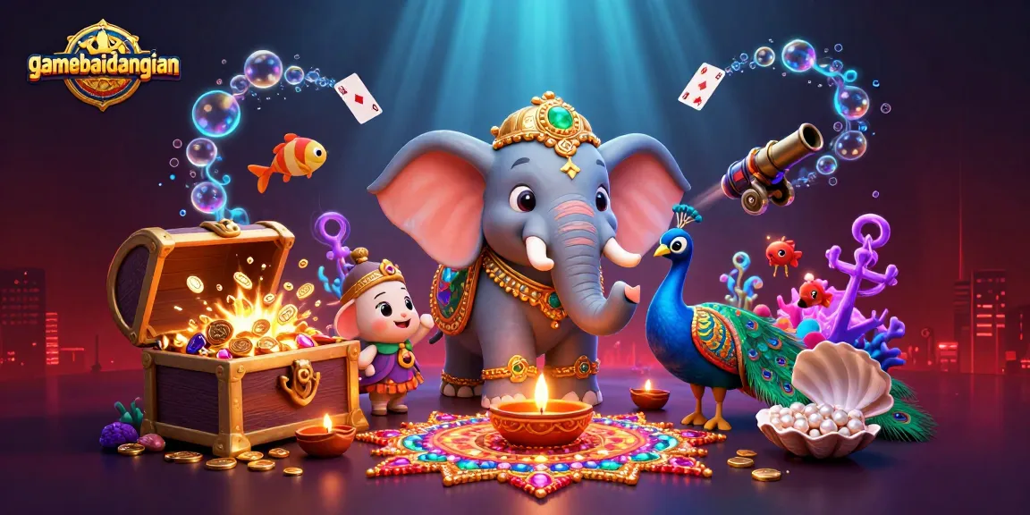 Experience excitement with gamebaidangian through a vibrant 3D gambling illustration featuring an ornate elephant and peacock.