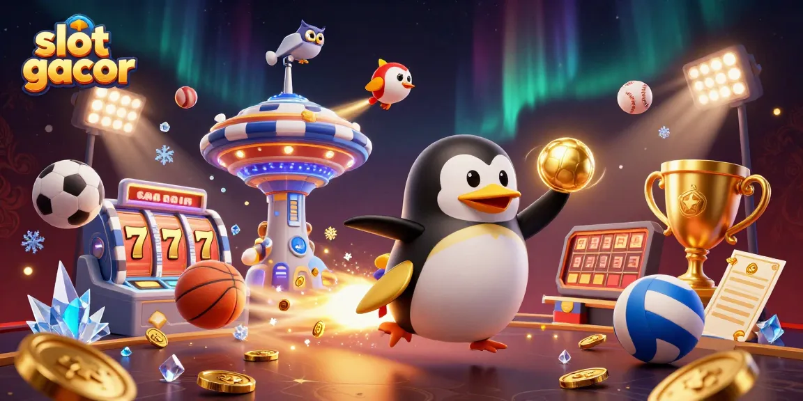 Experience slot gacor gaming excitement with a dynamic 3D casino illustration showcasing a golden penguin in space.