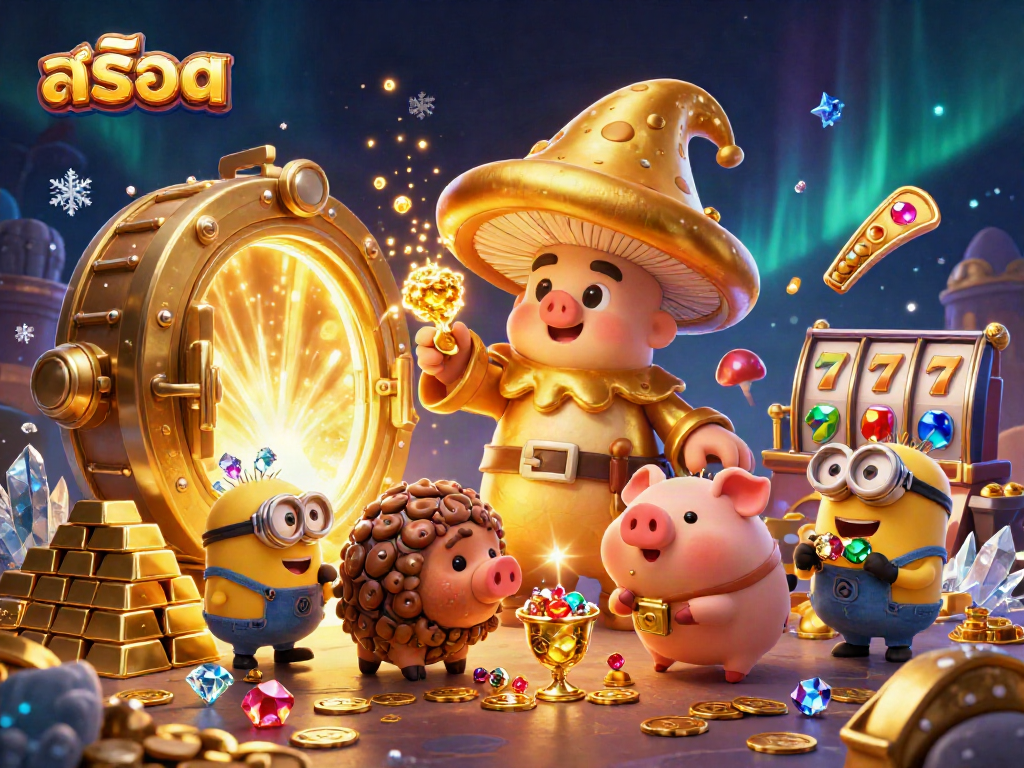 Spin the สล็อต slots while a golden mushroom wizard and friends gather treasure.