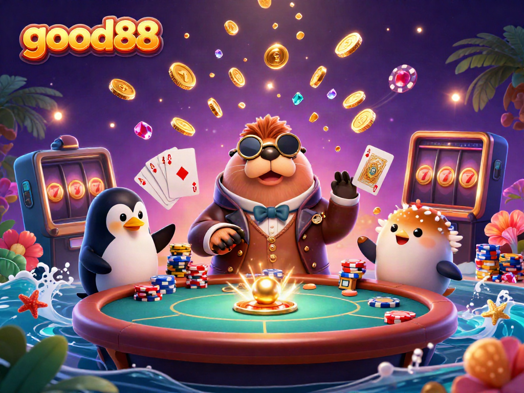 Experience thrilling action at good88 with a vibrant underwater poker scene featuring a walrus, penguin dealer, and pufferfish player.