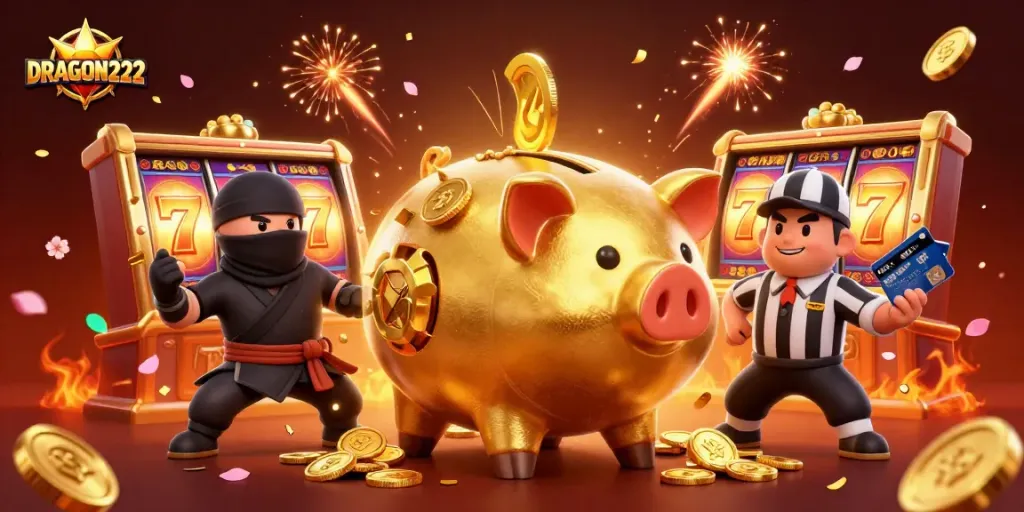Experience the thrilling action of DRAGON222 with a golden piggy bank, vibrant slot reels, and dynamic characters!