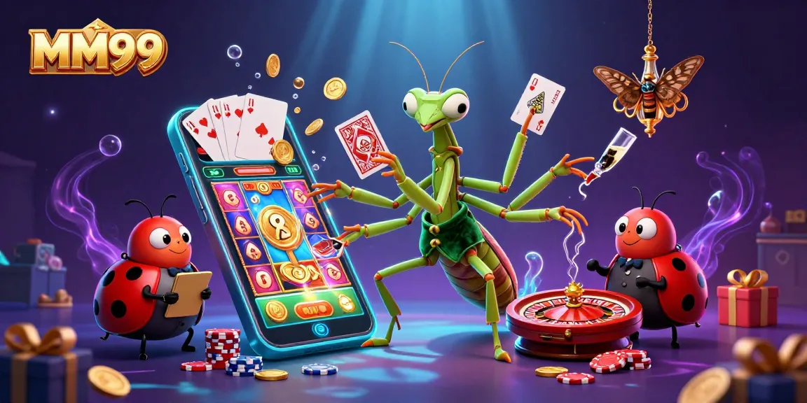 Engage in exciting gameplay at MM99 with animated casino characters and vibrant slot games.