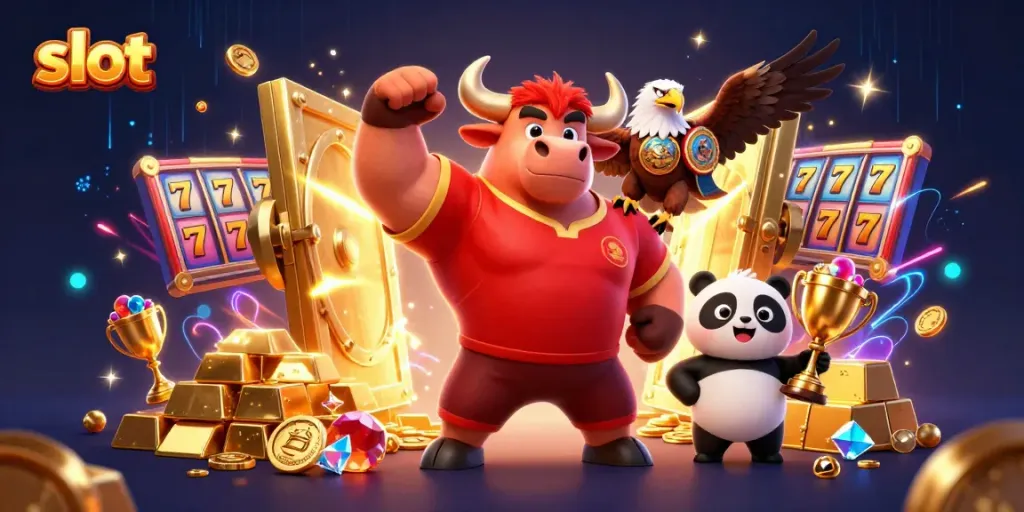 Engage with dynamic slot slots in exciting gameplay featuring a cartoon bull, eagle, and panda.