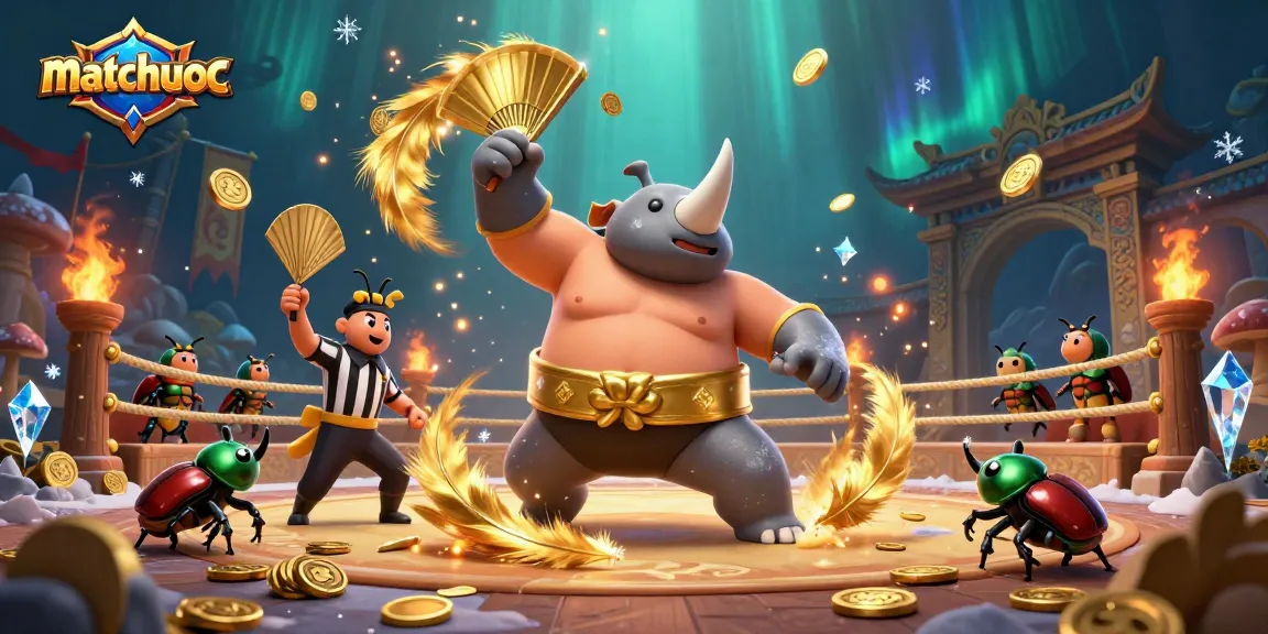 Experience the thrill at matchuoc with a cartoon beetle sumo champion in a dynamic casino scene.