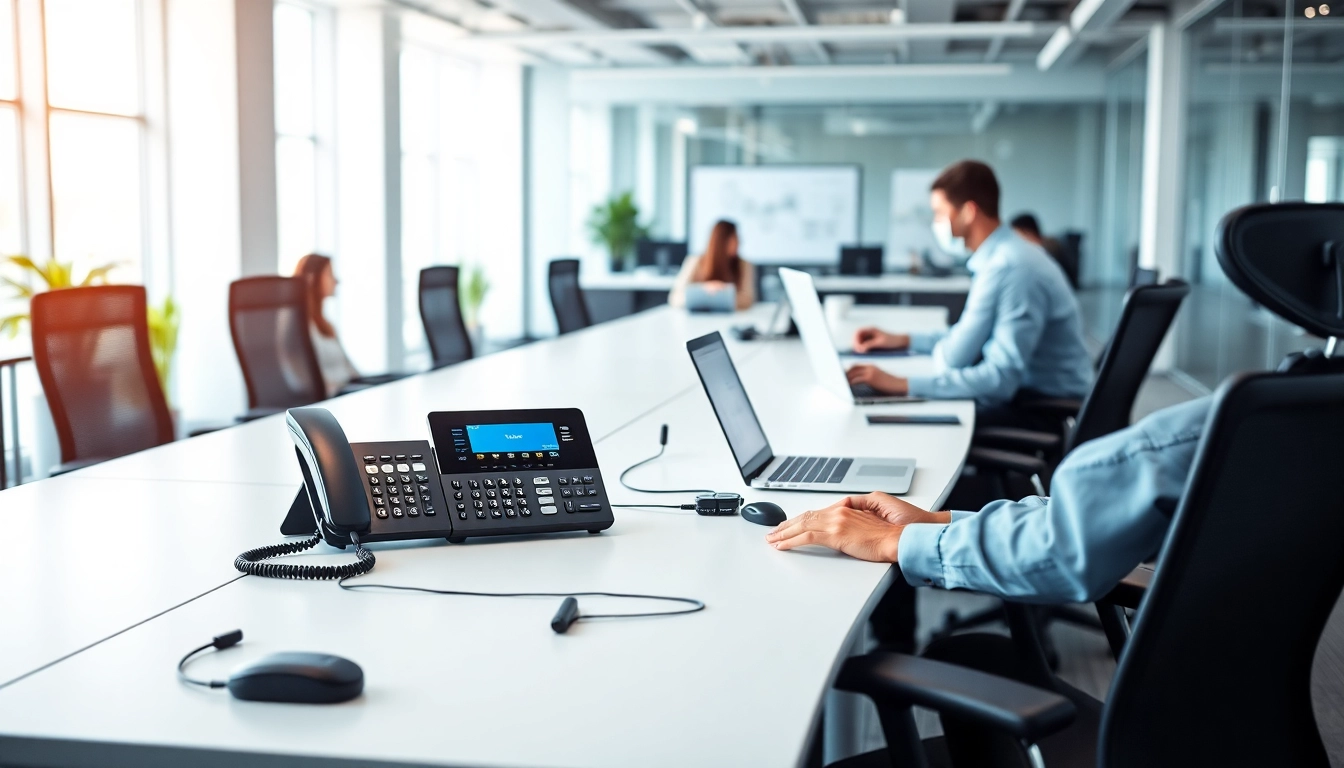 Visualize a small business phone system in an active office, showcasing connectivity and modern design.