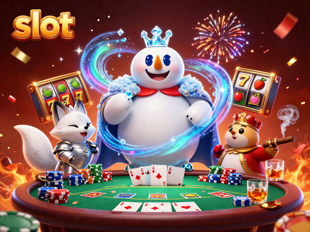 Menangkan permainan slot dengan karakter beruang kutub dan rubah salju di latar kasino yang meriah.