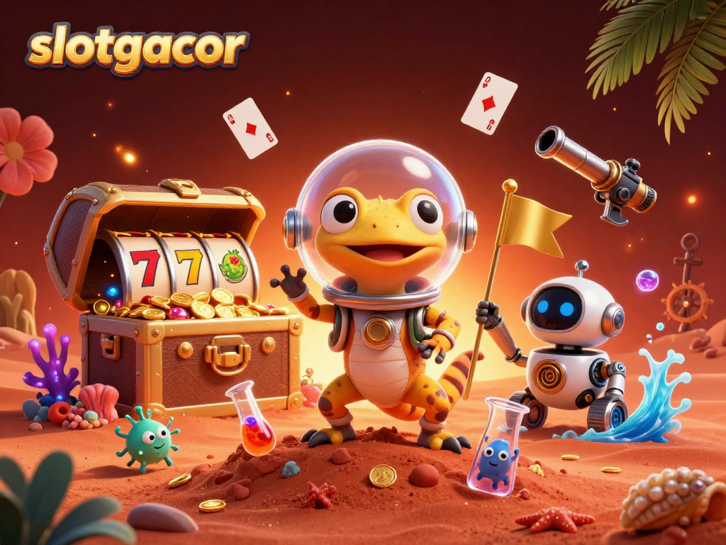 Experience slotgacor thrills with a Martian gecko uncovering a golden casino treasure