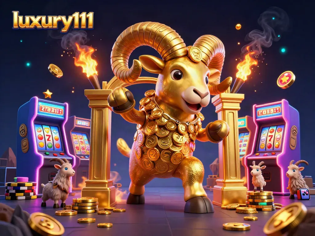 Experience excitement with luxury111 featuring a golden ram charging through a casino-themed scene.