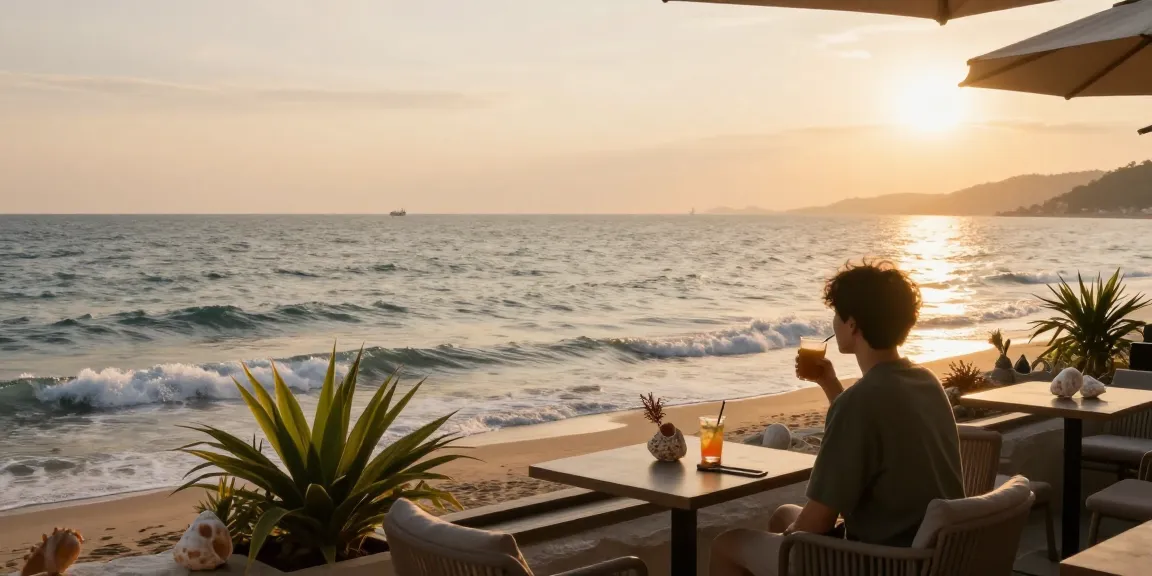 This serene 여수오피 scene captures a guest at a seaside café enjoying ocean views with tropical decor.