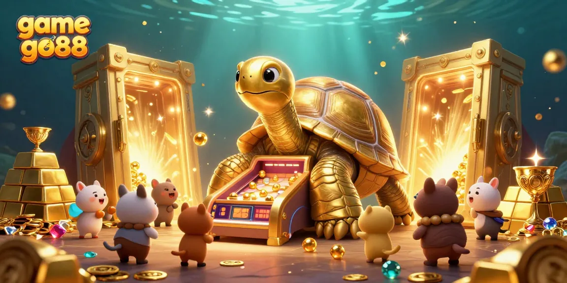 Engaging scene showcasing game go88 with a colossal tortoise pinball machine in a vibrant casino setting.