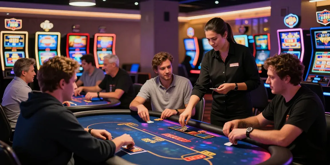 Exciting crypto casino gaming scene with players at digital poker tables and vibrant neon lights.