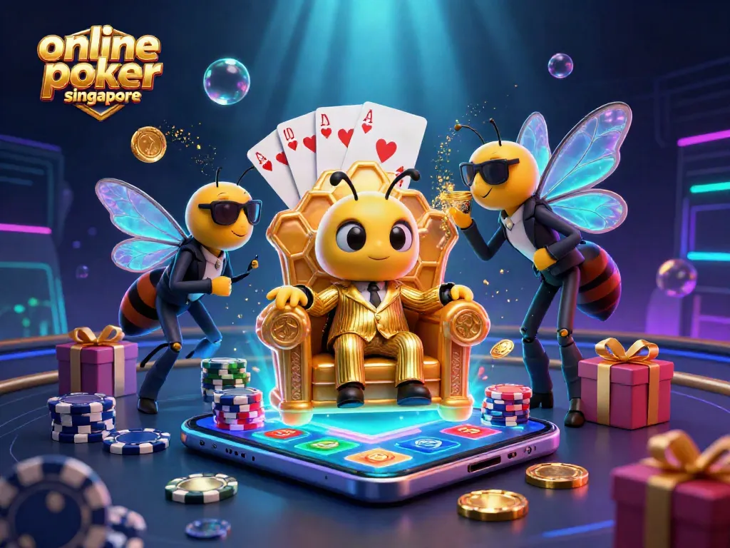 Engage in online poker Singapore with a vibrant 3D casino illustration showcasing playful characters and dynamic game elements.