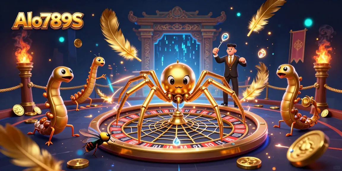 Alo789S features a golden spider and centipede in a dynamic casino scene, showcasing thrilling betting action.