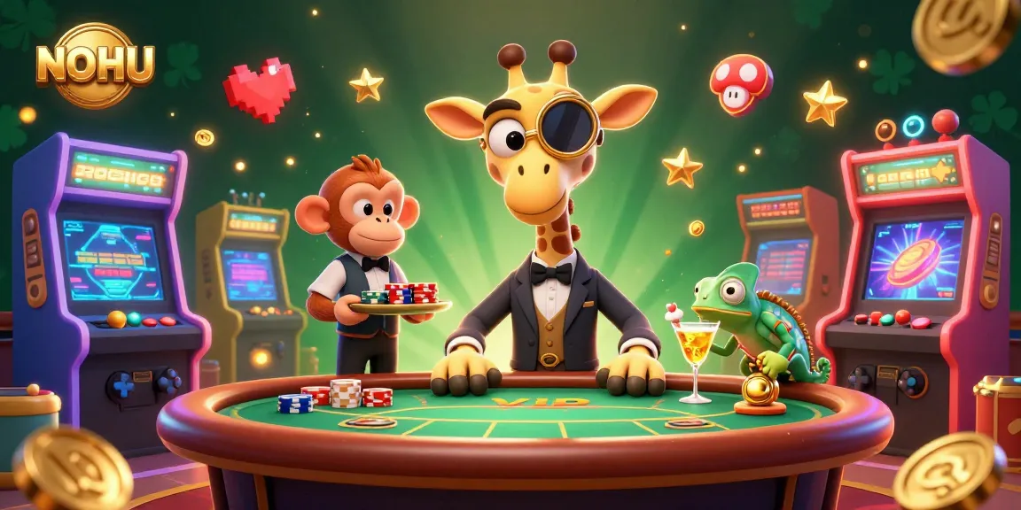 Experience the excitement at NOHU with a vibrant casino scene featuring a high-roller giraffe and game elements.