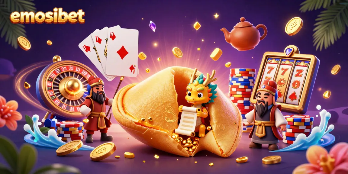 Engage with emosibet's thrilling online gaming experience featuring a golden fortune cookie cracked open.