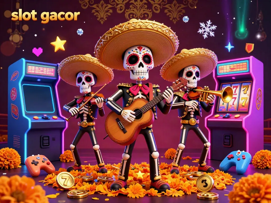 Experience thrilling action in this colorful slot gacor 3D illustration with a vibrant mariachi band and casino elements.