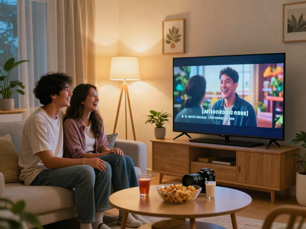 Couple enjoying a JAV subtitle Indonesia film in a cozy living room.