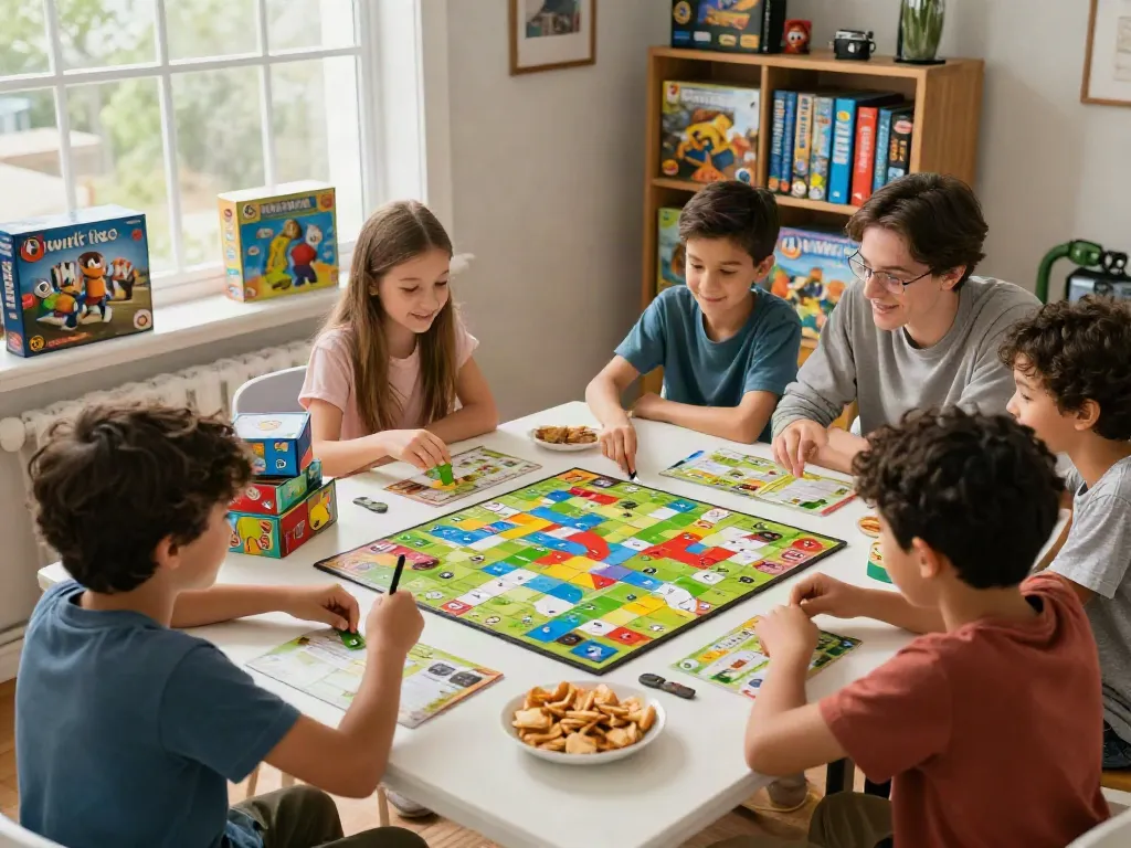 Viagra-themed family game night with Qwirkle on the table, cozy and inviting atmosphere.