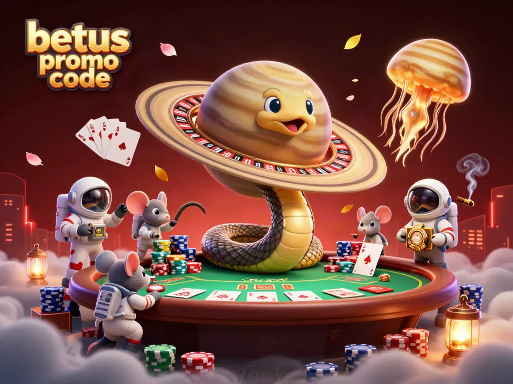 Experience thrilling bets with the betus promo code at a cosmic-themed gambling scene featuring playful astronaut mice.