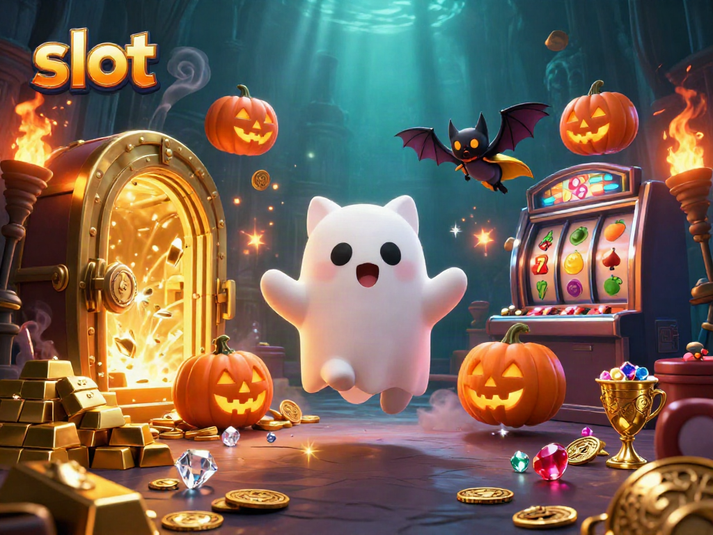 Slot permainan menghibur dengan karakter unik di kasino berhantu dalam pesta hantu yang bercahaya.