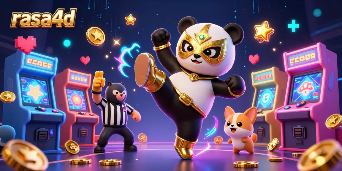 rasa4d hadir dalam ilustrasi yang menampilkan kegembiraan taruhan kasino dengan panda bertarung dan penonton yang meriah.