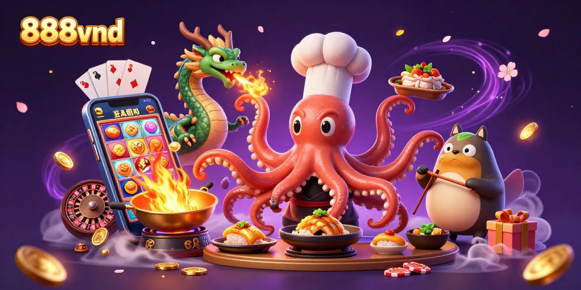 Experience thrilling gaming adventures at 888vnd with a vibrant 3D illustration of interactive casino elements.