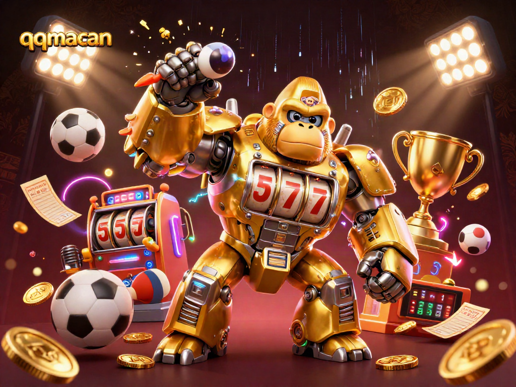 Experience thrilling action with qqmacan's explosive gaming scene featuring a golden gorilla mech and dynamic sports elements.