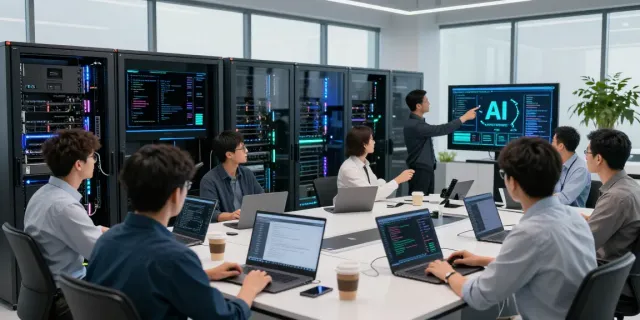 AI inference collaboration scene in a modern technology lab with diverse engineers and advanced GPU servers.