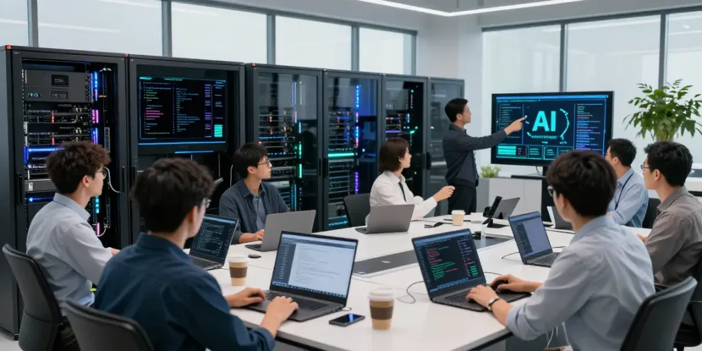 AI inference collaboration scene in a modern technology lab with diverse engineers and advanced GPU servers.