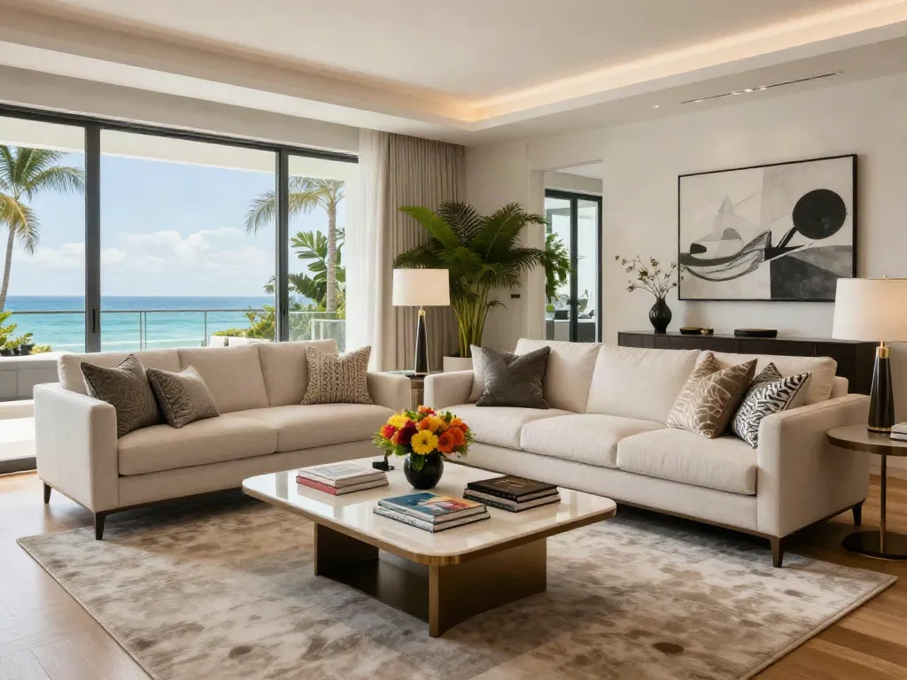 Bal Harbour remodeling elegant living room with ocean views and modern decor