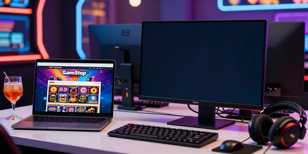 Online gaming setup featuring casinos not on GamStop with vibrant visuals and stylish accessories.