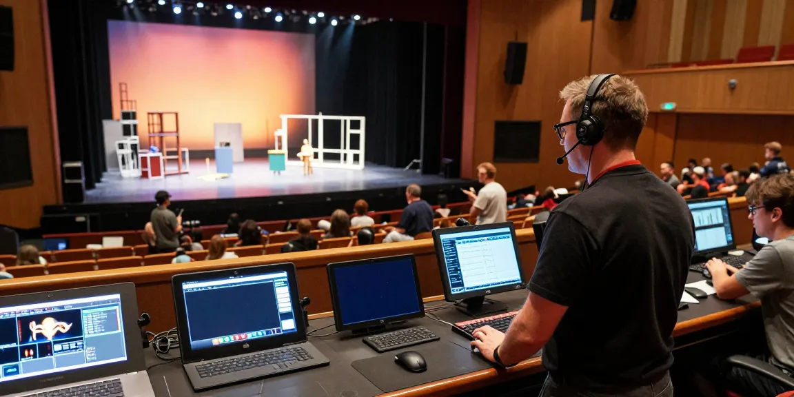 Stage manager coordinating with theatre apps in a vibrant modern auditorium.