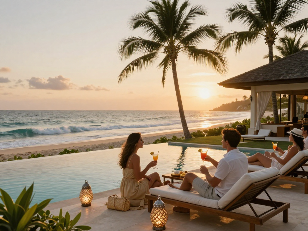 Call girls in Goa enjoying a luxurious beachside villa with cocktails during sunset.