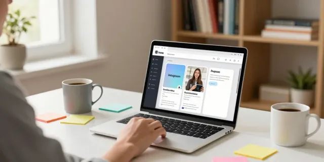 Person exploring the insanony Instagram Story viewer app in a cozy home office.