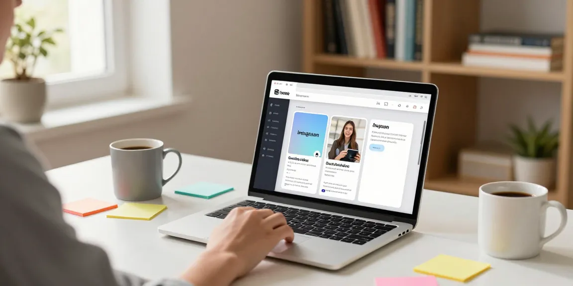 Person exploring the insanony Instagram Story viewer app in a cozy home office.